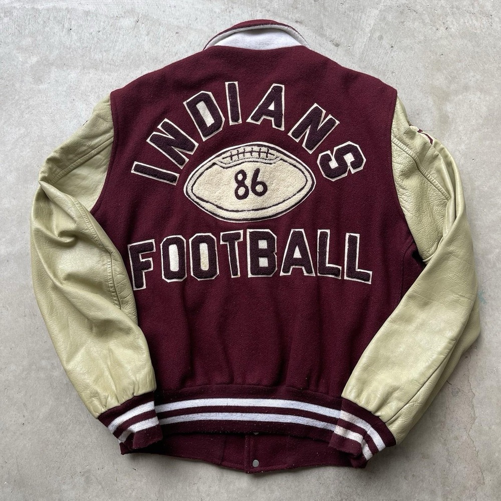 True Vintage 60s Varsity Jacket Indians Football #86 DT Wool Leather Sz L